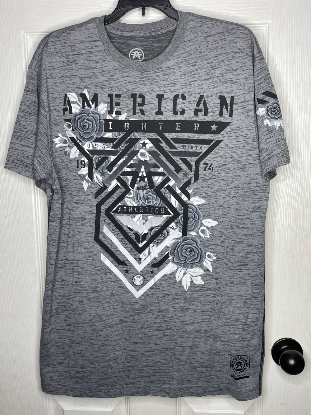 American Fighter Gray Heather Graphic Tee with Black & White Accents. Size XL